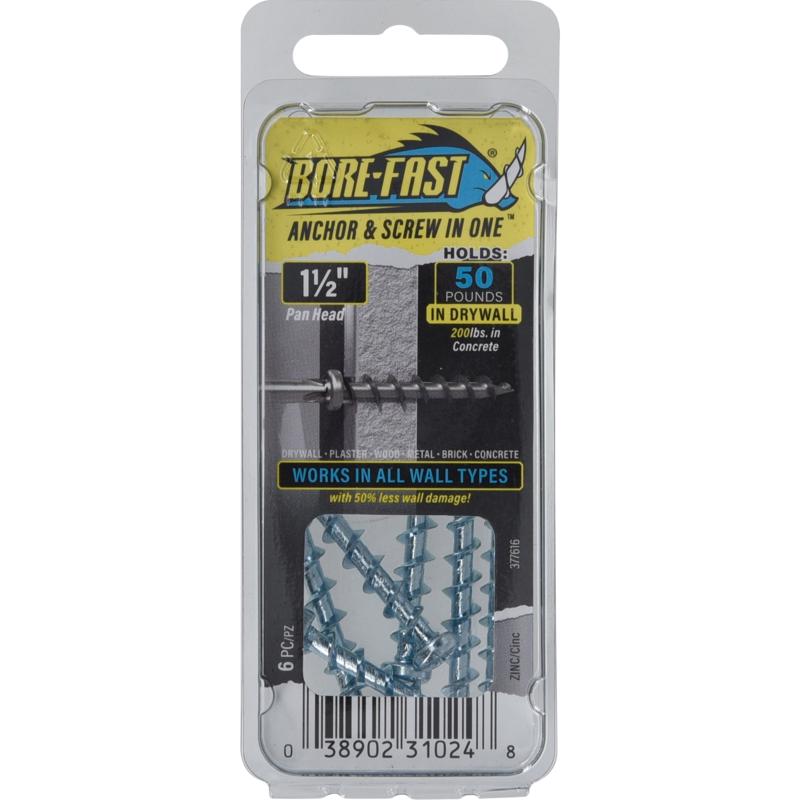 HILLMAN - Bore-Fast 3/16 in. D X 1-1/2 in. L Steel Pan Head Screw and Anchor 6 pc - Case of 10 [377616]