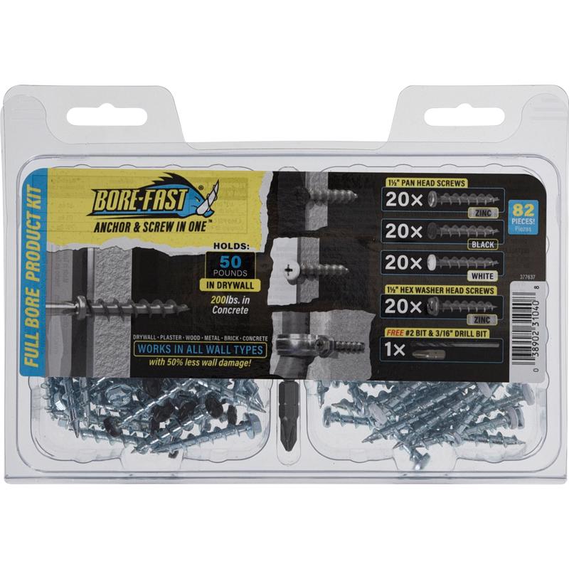 HILLMAN - Bore-Fast 3/16 in. D X 1-1/2 in. L Steel Pan Head Screw and Anchor 82 pc - Case of 3