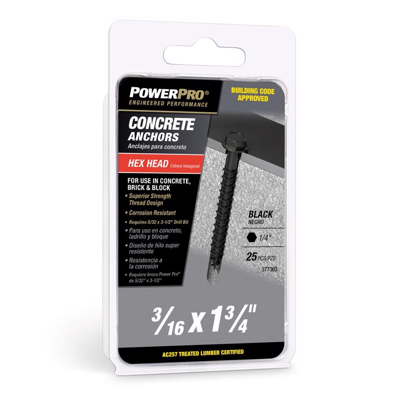 HILLMAN - Power Pro 3/16 in. D X 1-3/4 in. L Carbon Steel Hex Head Concrete Screw Anchor 25 pc [377363]