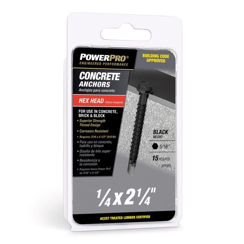 HILLMAN - Power Pro 1/4 in. D X 2-1/4 in. L Carbon Steel Hex Head Concrete Screw Anchor 15 pc [377371]