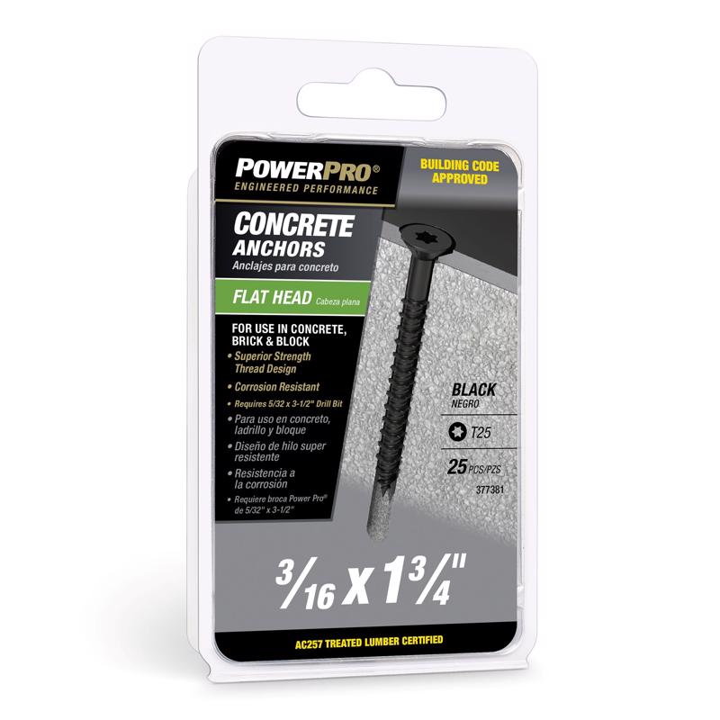 HILLMAN - Power Pro 3/16 in. D X 1-3/4 in. L Carbon Steel Flat Head Concrete Screw Anchor 25 pk