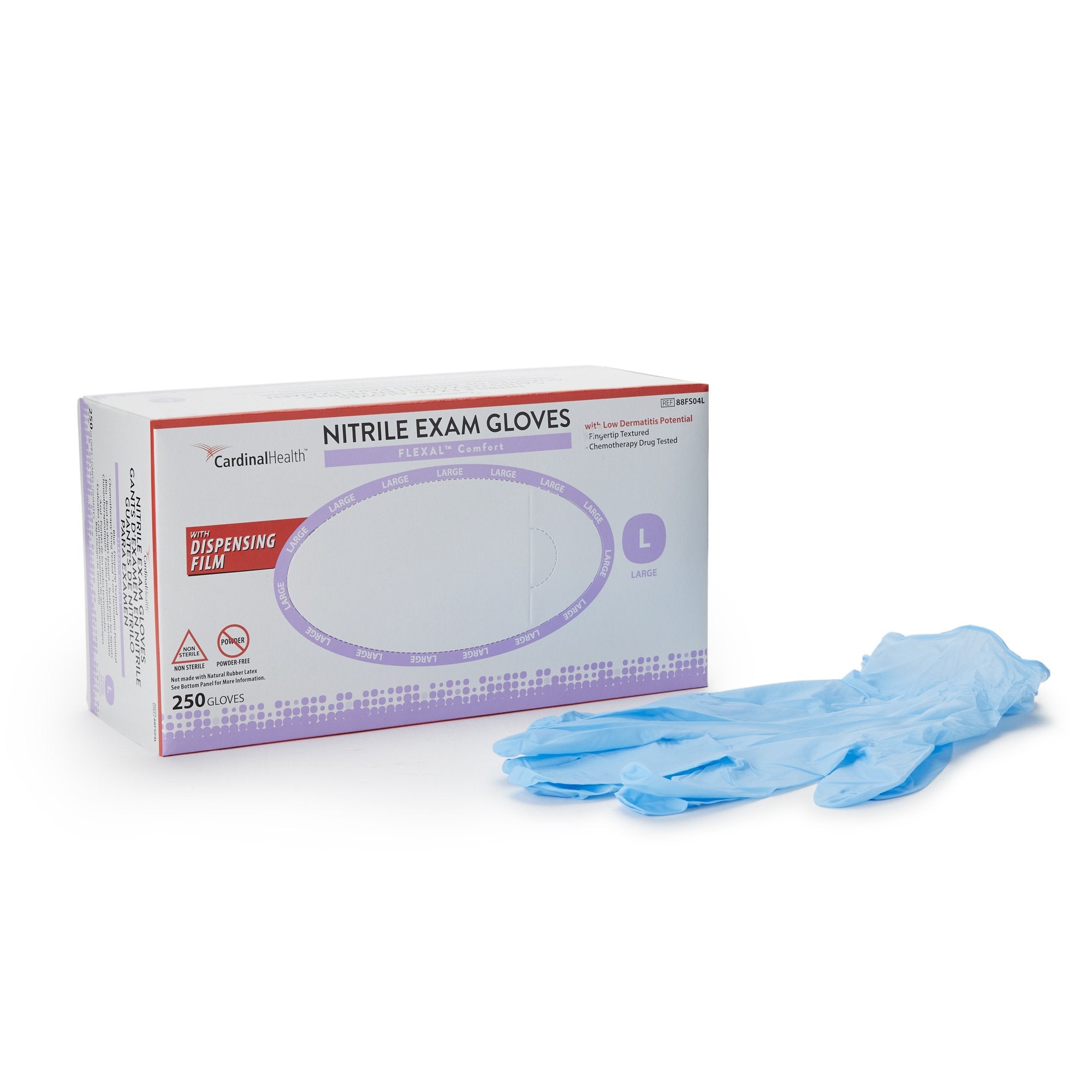 Cardinal - Exam Glove FLEXAL™ Comfort Large NonSterile Nitrile Standard Cuff Length Textured Fingertips Blue Chemo Tested [250/BX]