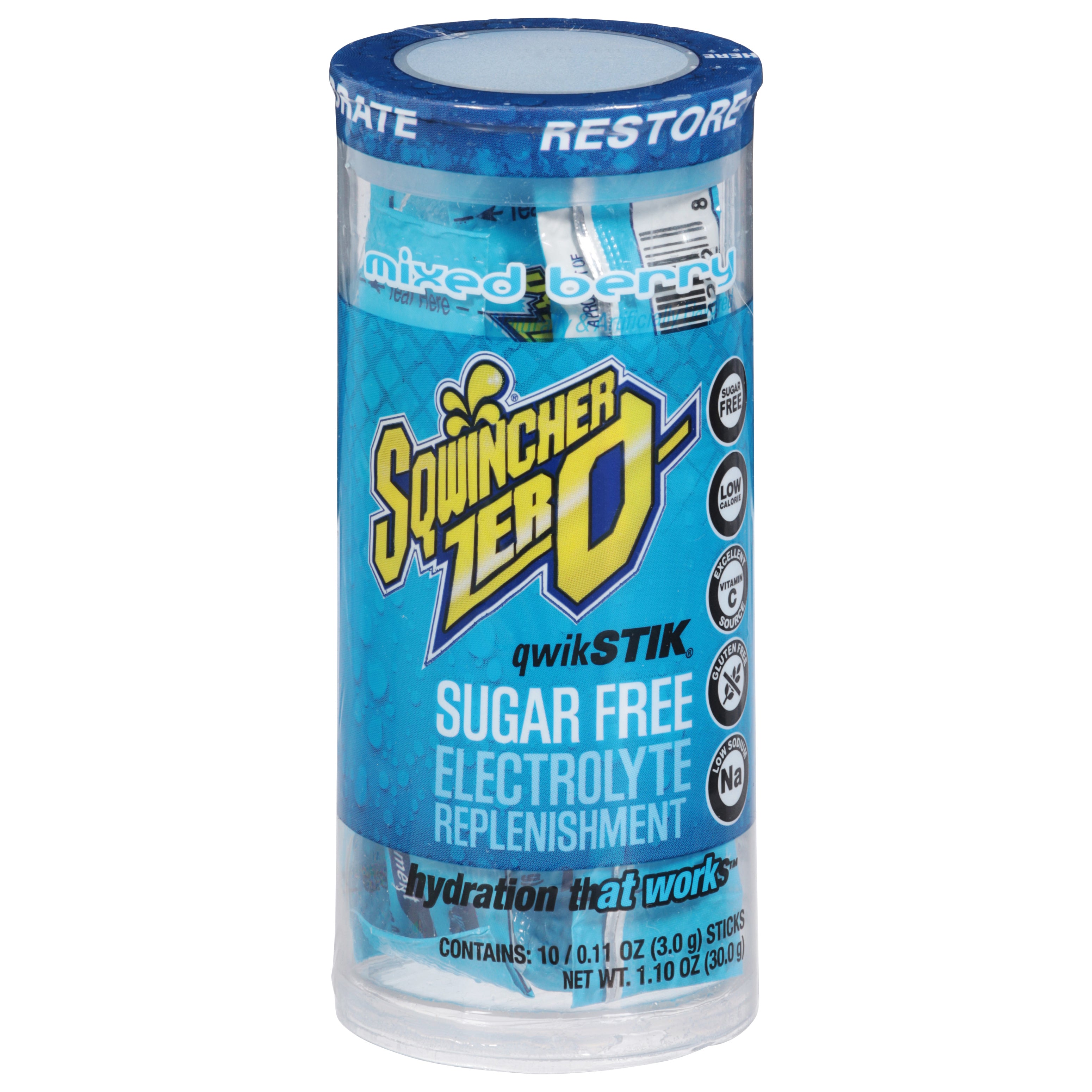 Sqwincher Zero QwikStik Sugar Free Restore Mixed Berry Electrolyte Replenishment 10 - 0.11 oz Sticks - Case of 12