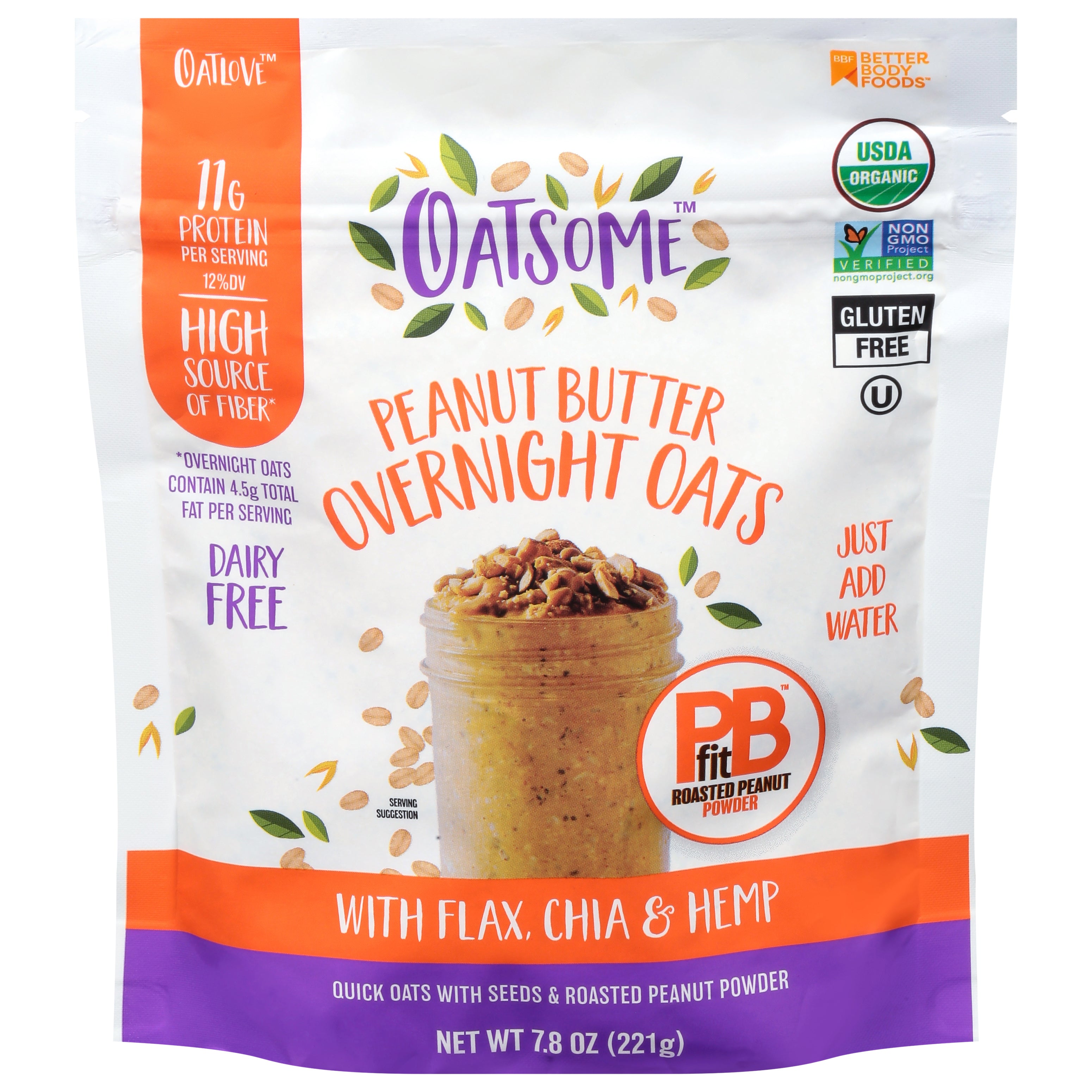 Oatsome Dairy Free Peanut Butter Overnight Oats with Flax, Chia & Hemp 7.8 oz - Case of 6