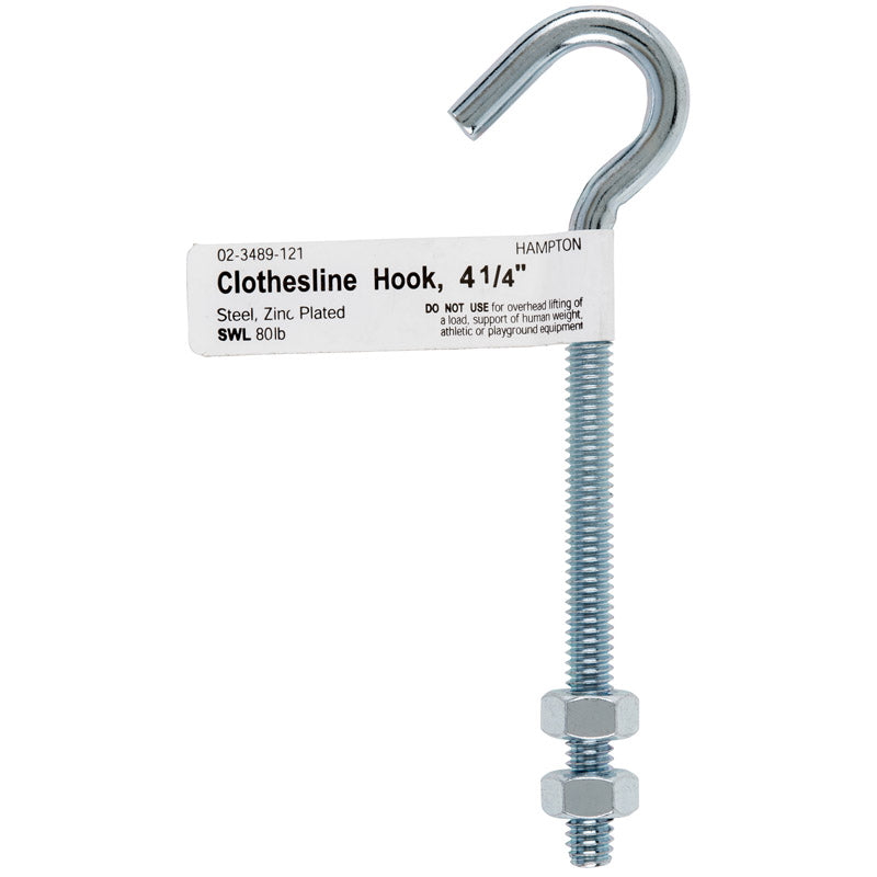 HAMPTON - Hampton Small Zinc-Plated Silver Steel 4 in. L Clothesline Bolt Hook 80 lb 1 pk - Case of 10
