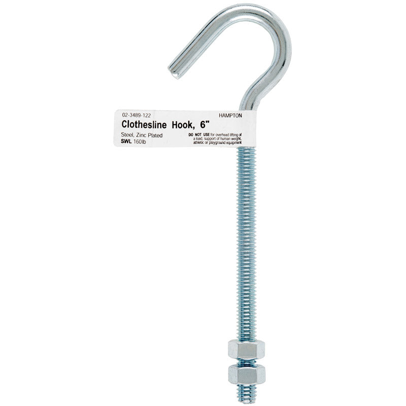 HAMPTON - Hampton Medium Zinc-Plated Silver Steel 6 in. L Clothesline Bolt Hook 160 lb 1 pk - Case of 10