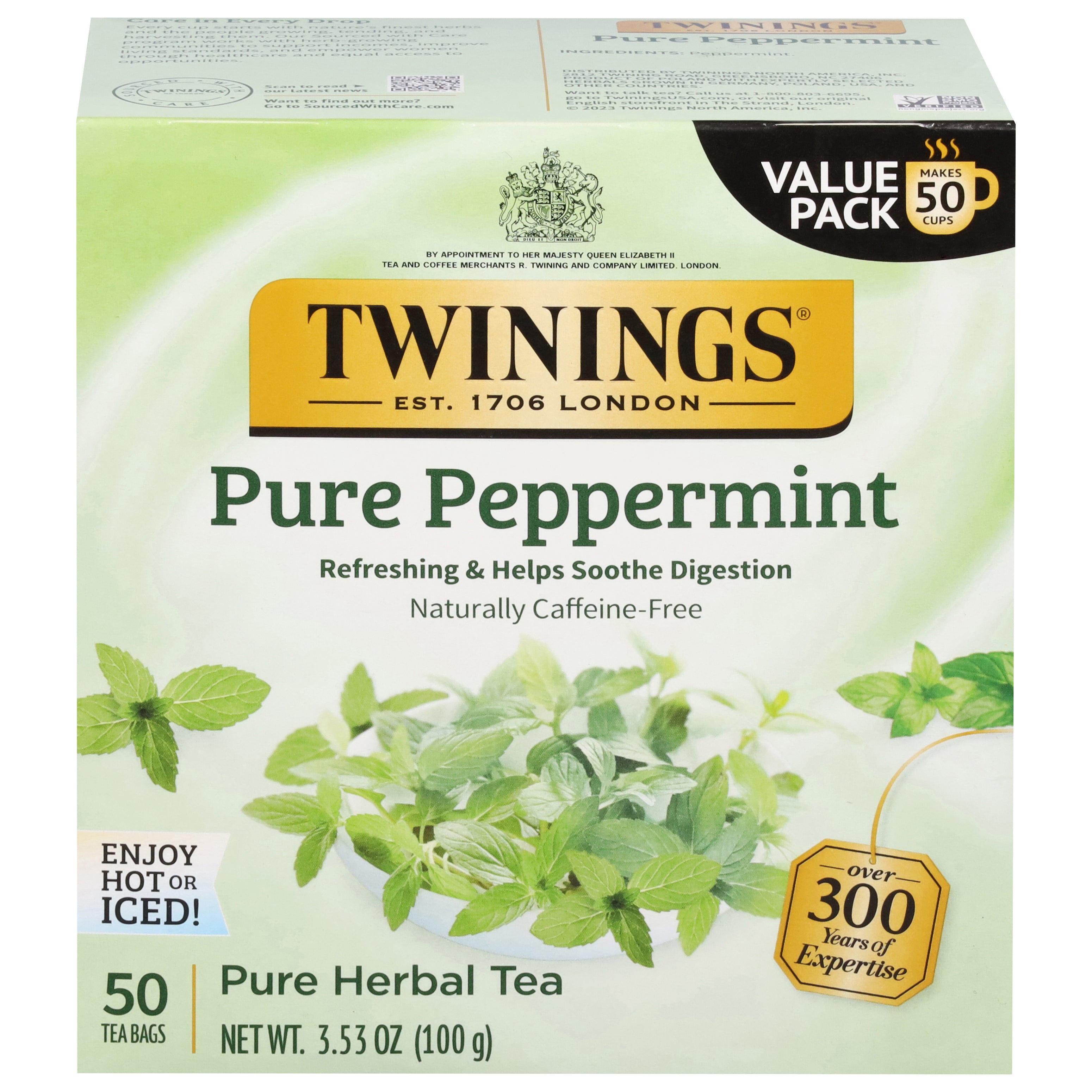 Twinings Pure Peppermint Herbal Tea Value Pack 50 Tea Bags - Case of 6