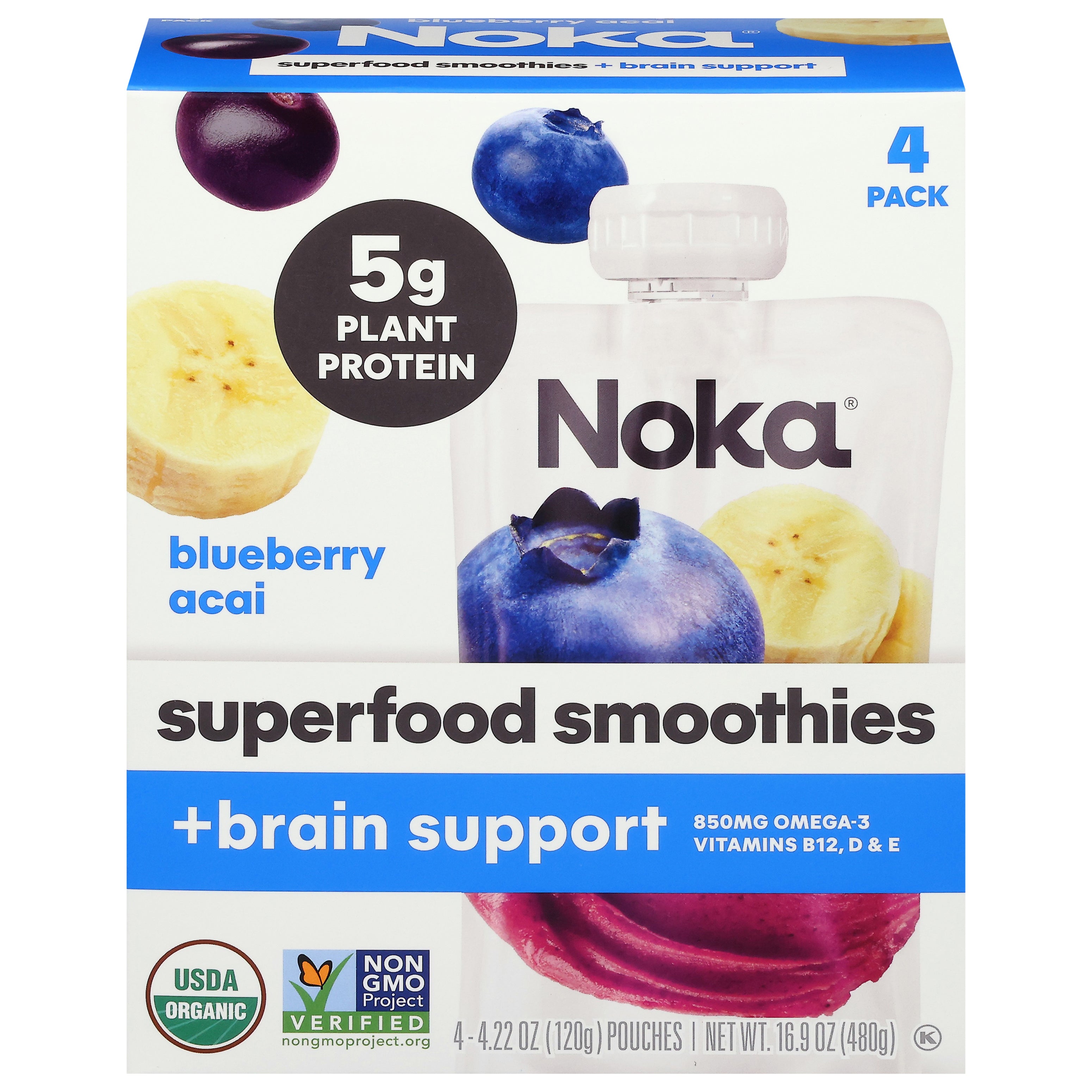 Noka + Brain Support Blueberry Acai Superfood Smoothies 4 - 4.22 oz Pouches - Case of 6