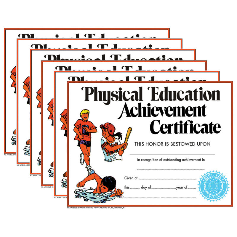 HAYES PUBLISHING - Physical Education Achievement Certificate, 8.5" x 11", 30 Per Pack, 6 Packs