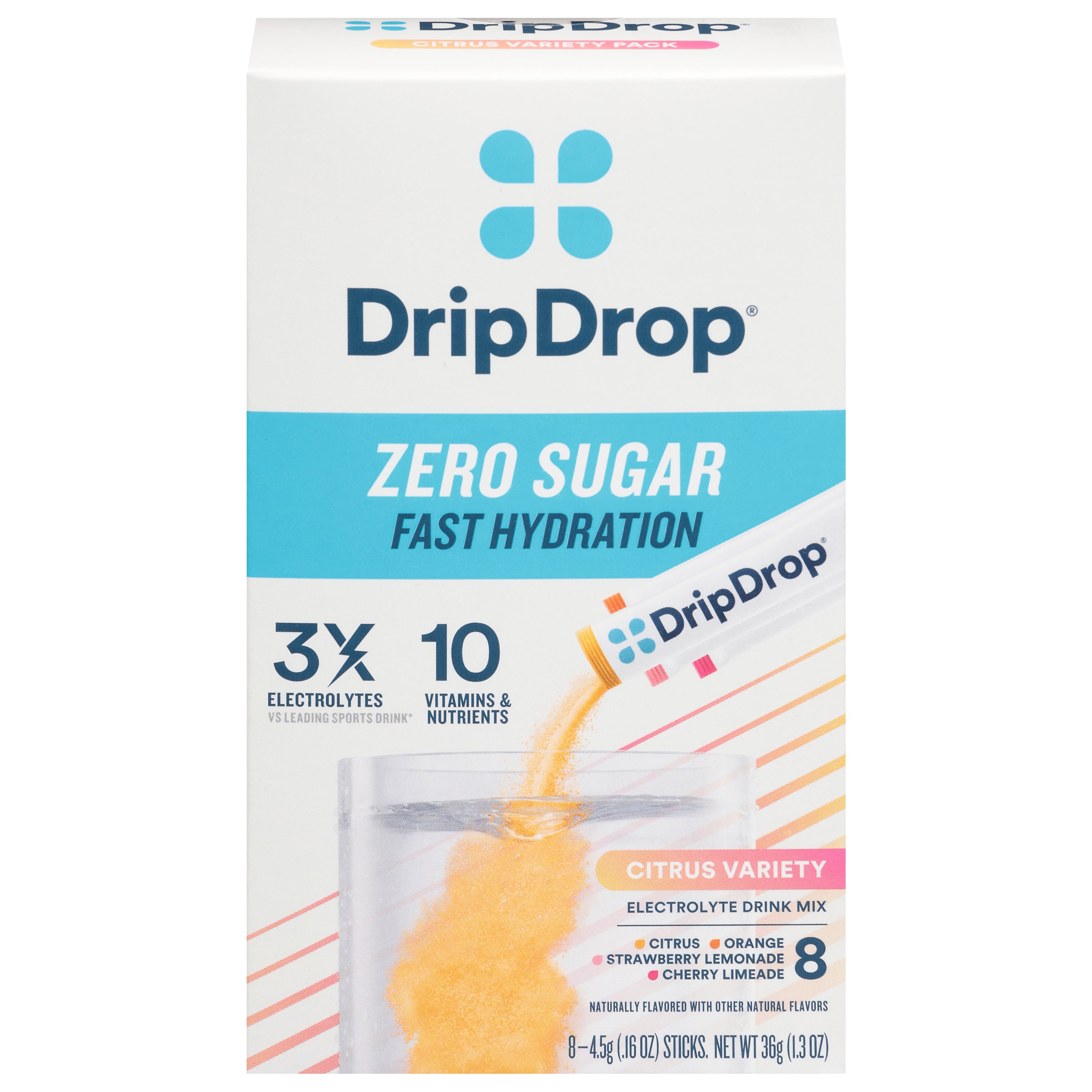 DripDrop Zero Sugar Fast Hydration Citrus Variety Electrolyte Drink Mix 8 - 0.16 oz Sticks - Case of 8