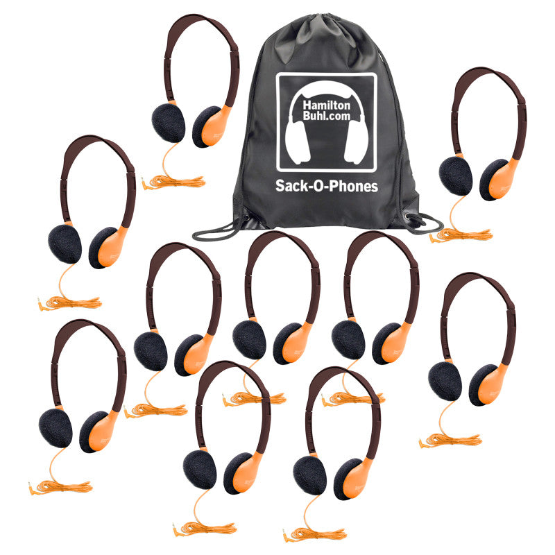 HAMILTONBUHL - Sack-O-Phones, 10 Personal Headphones in a Carry Bag, Orange