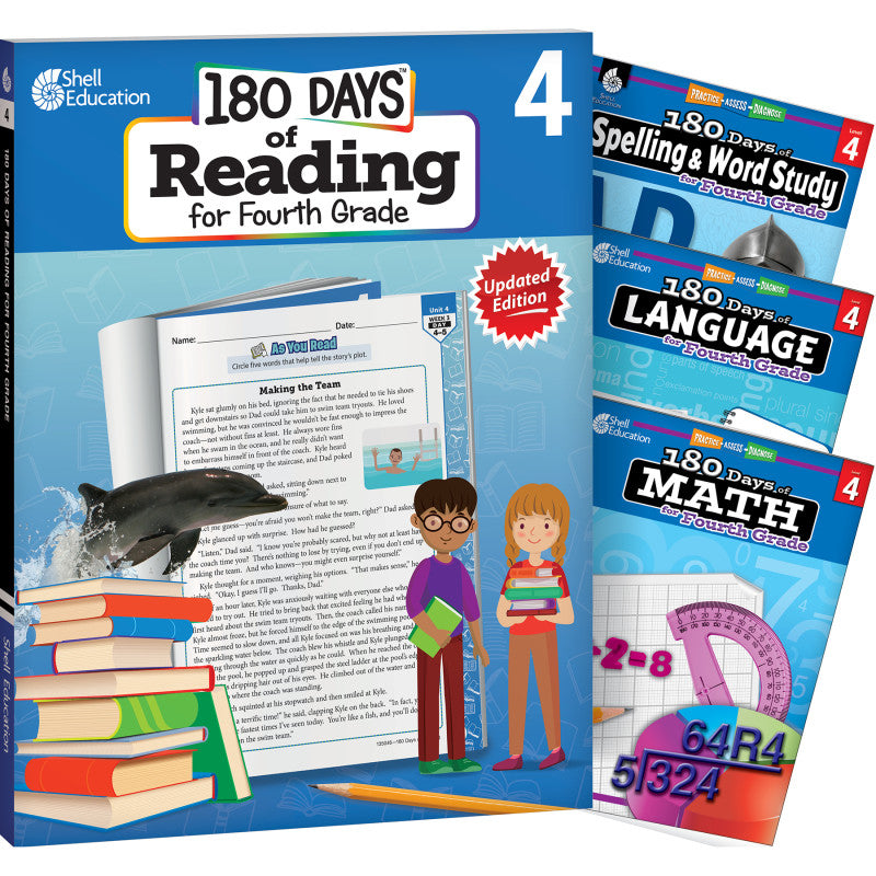 SHELL EDUCATION - 180 Days Reading, Spelling, Language, & Math Grade 4: 4-Book Set
