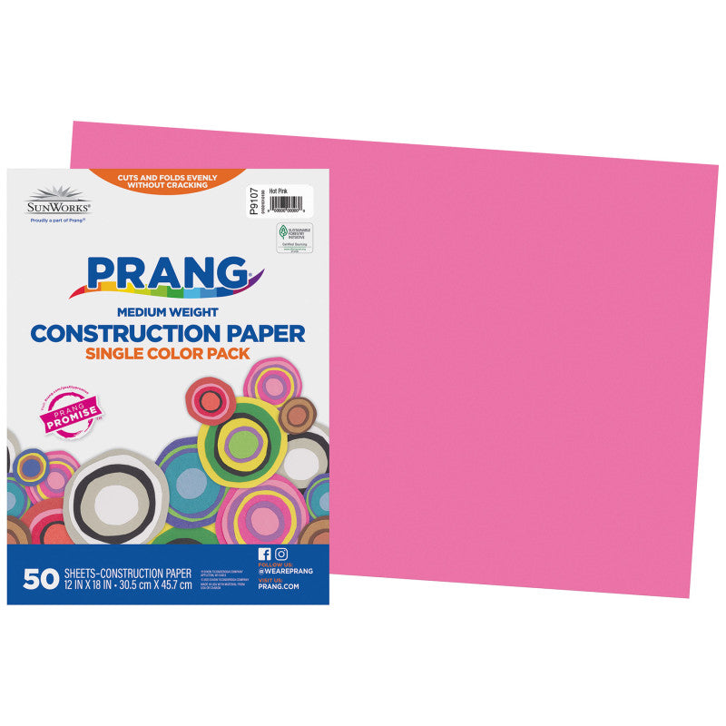 Construction Paper, Medium Weight, Hot Pink, 12" x 18", 50 Sheets