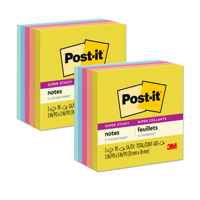 POST-IT - Super Sticky Notes, 3x3 in, Summer Joy Collection, Assorted Colors, 90 Sheets/Pad, 5 Pads/Pack, 2 Packs
