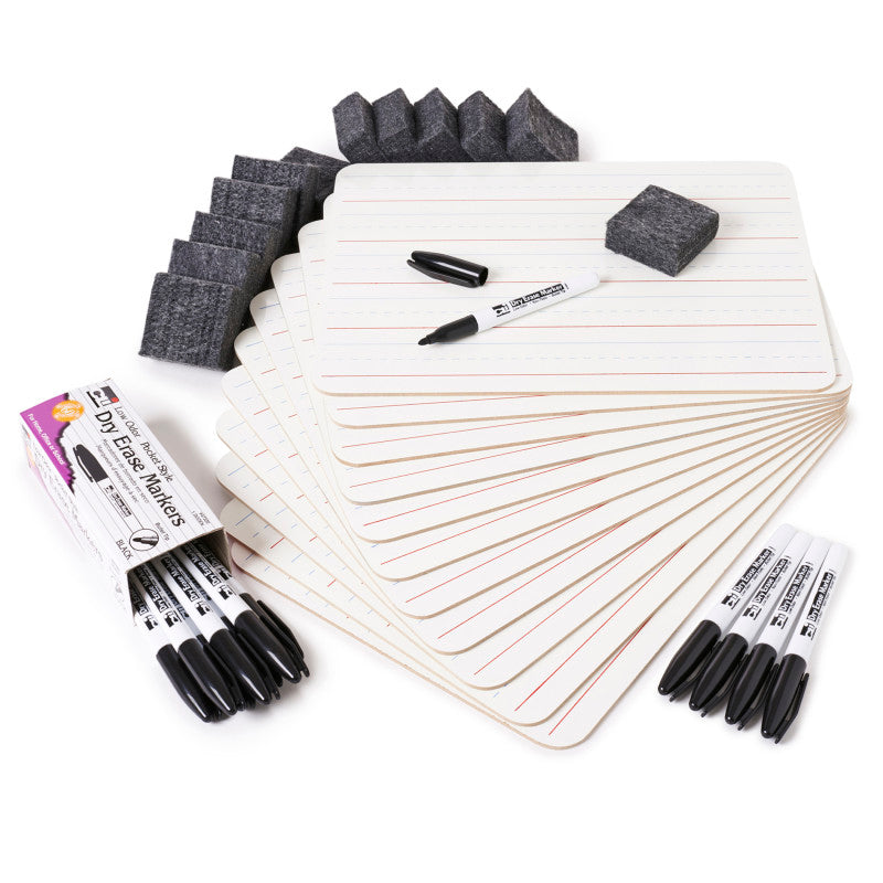 CHARLES LEONARD - Dry Erase Classpack, Lined 1-Sided Boards, Markers & Erasers, Pack of 12