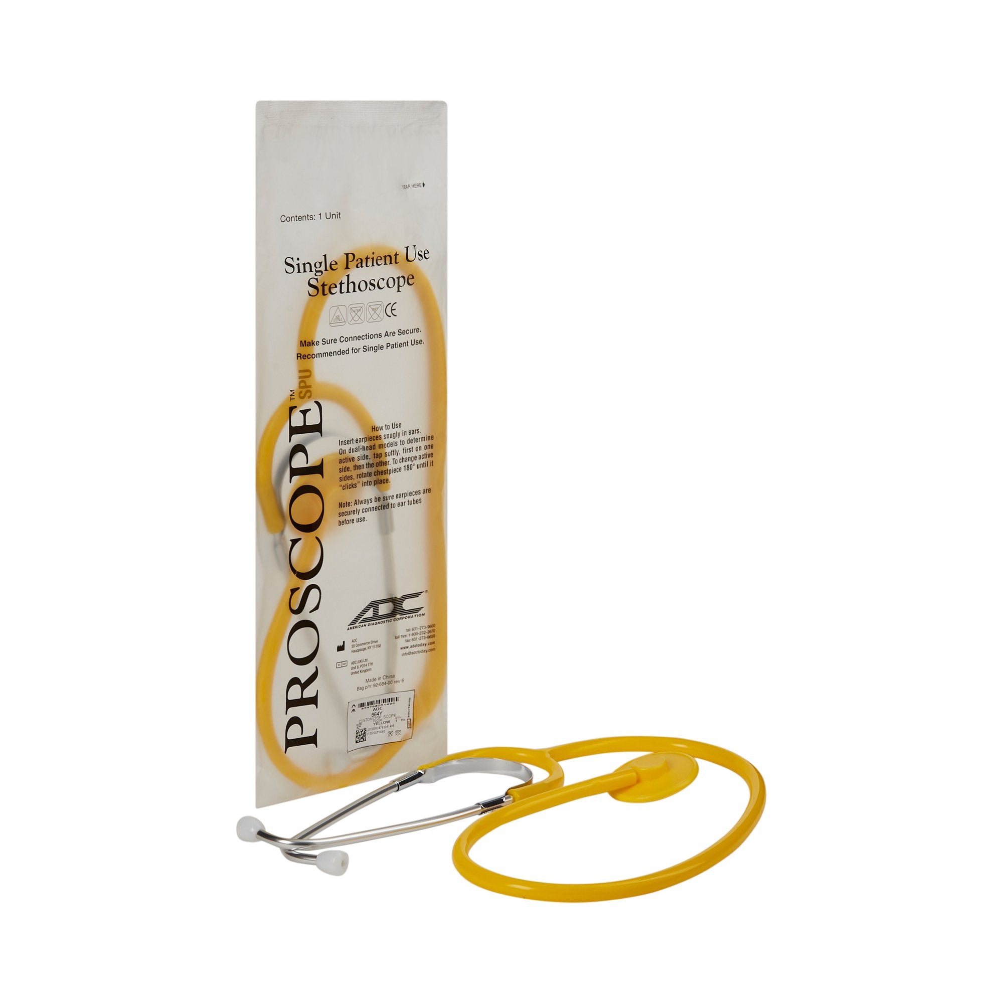 American Diagnostic Corp - Disposable Stethoscope Proscope™ 664 Yellow 1-Tube 22 Inch Tube Single Sided Chestpiece [1/EA]