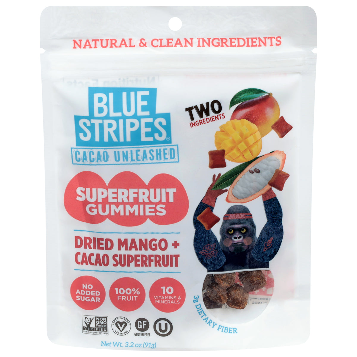 Blue Stripes Dried Mango + Cacao Superfruit Gummies 3.2 oz - Case of 6