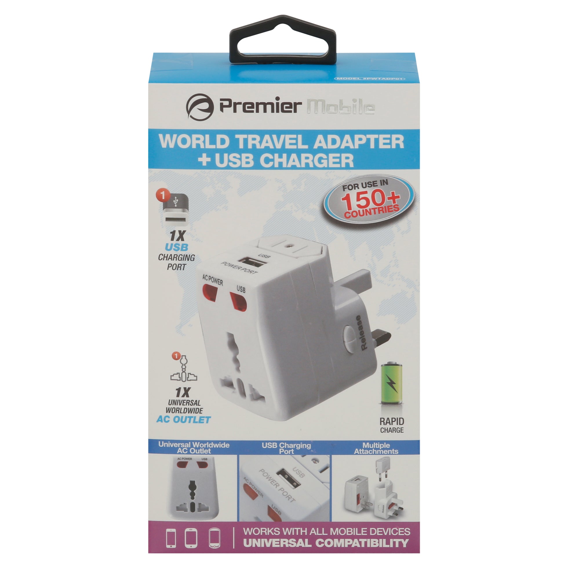 Premier Mobile World Travel Adapter + USB Charger 1 ea - Case of 1