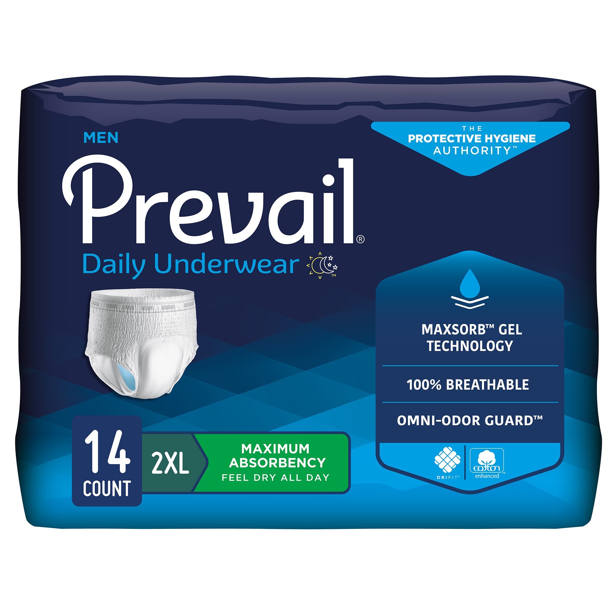 First Quality - Male Adult Absorbent Underwear Prevail® Daily Underwear Pull On with Tear Away Seams 2X-Large Disposable Heavy Absorbency [14/BG]