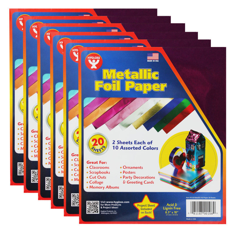 HYGLOSS - Metallic Foil Paper Sheets, 8.5" x 10", Assorted Colors, 20 Per Pack, 6 Packs
