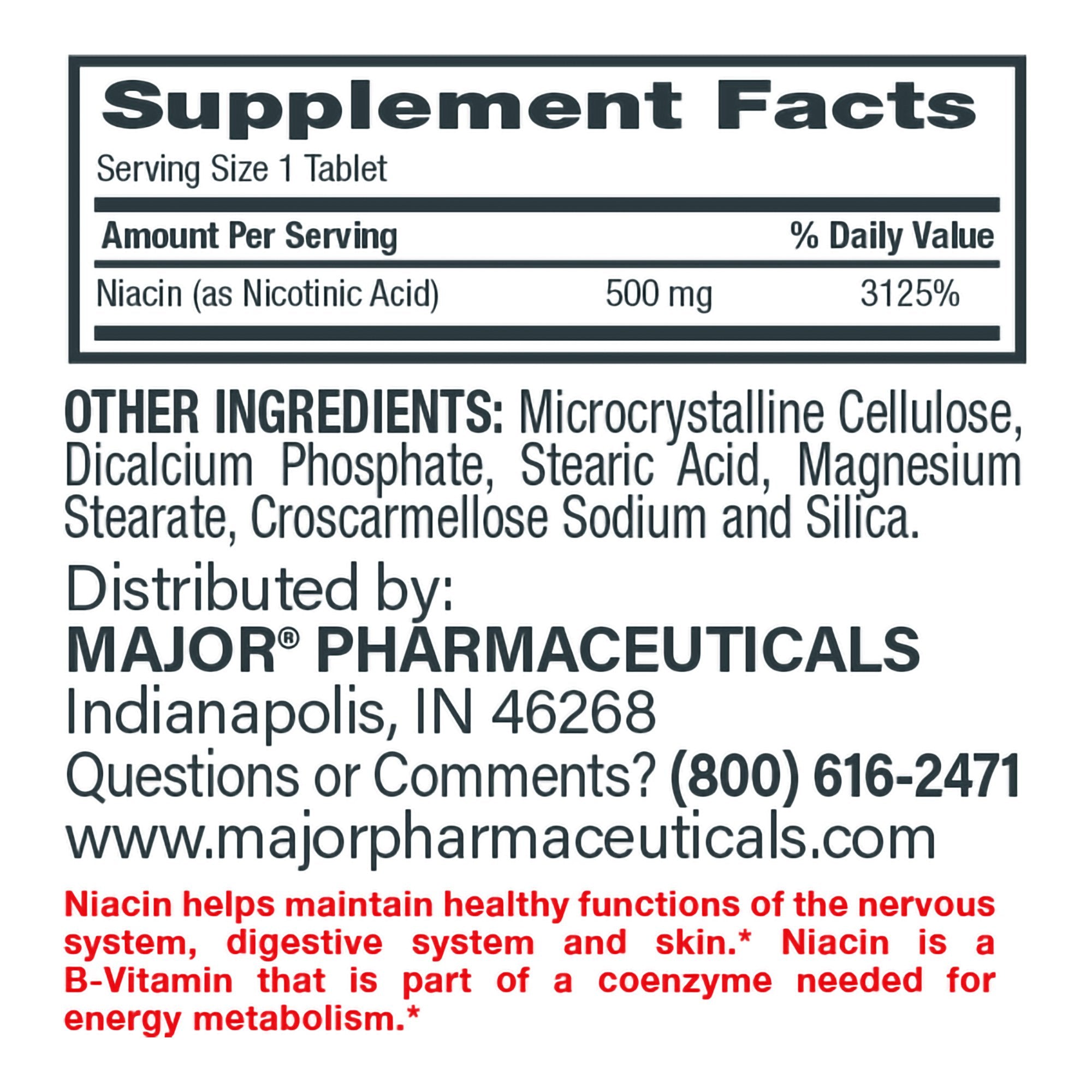 Major Pharmaceuticals - Dietary Supplement Major® Niacin 500 mg Strength Tablet 100 per Bottle [1/BT]