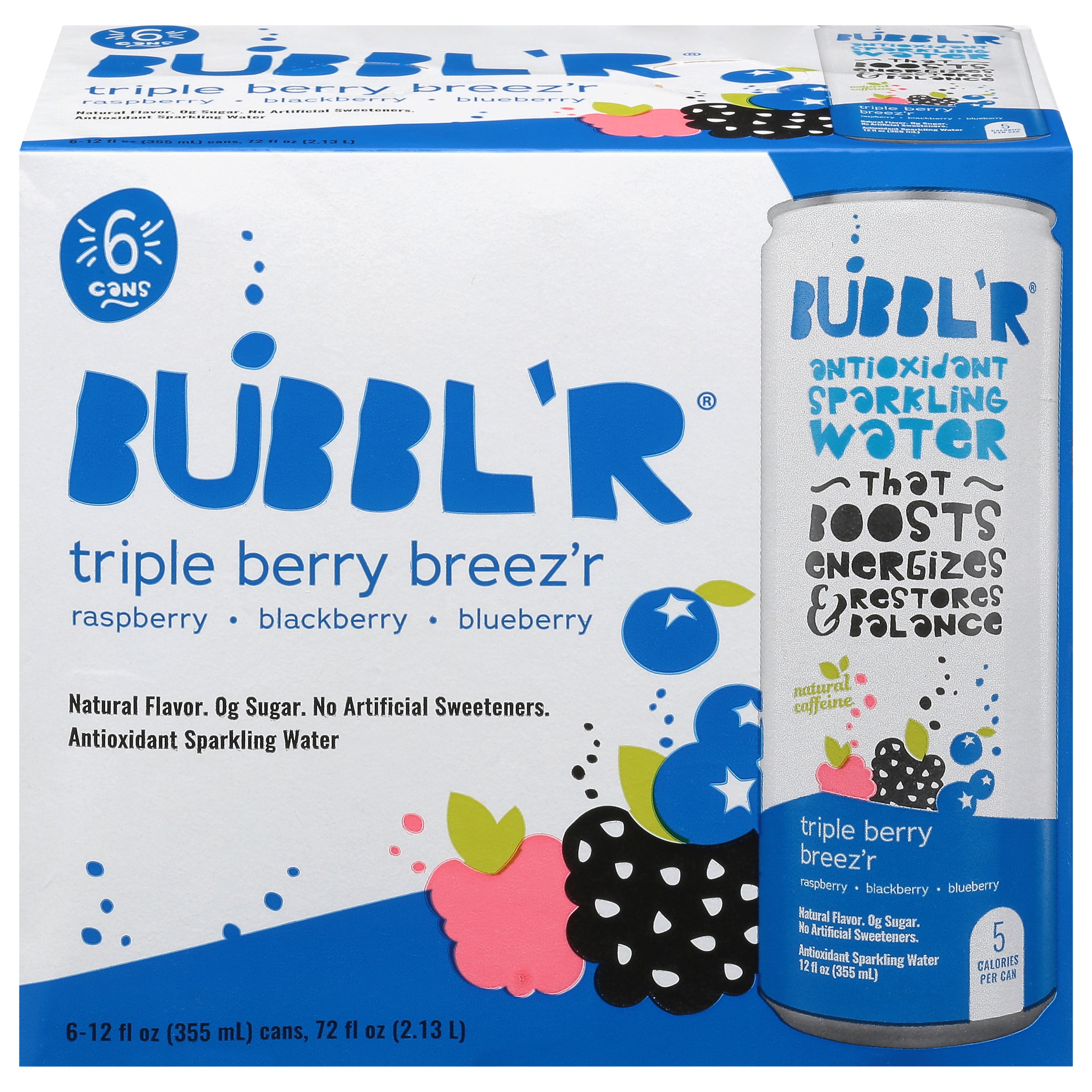 Bubbl'r Antioxidant Triple Berry Breez'r Sparkling Water 6 - 12 fl oz Cans - Case of 4