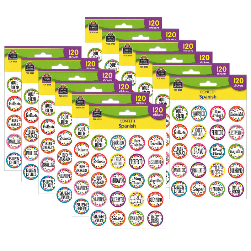 TEACHER CREATED RESOURCES - Confetti Spanish Stickers, 120 Per Pack, 12 Packs