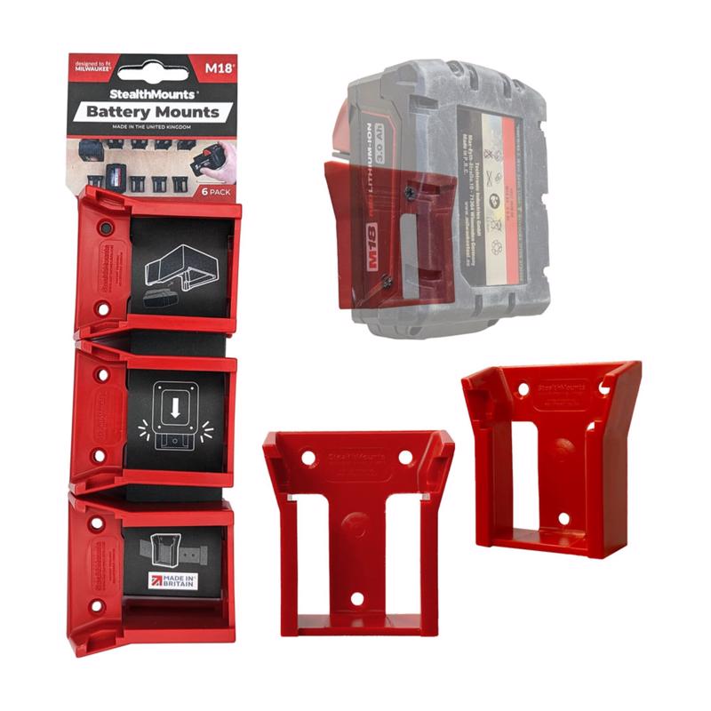STEALTHMOUNTS - StealthMounts Battery Mounts Compatible with Milwaukee M18; Red ABS Battery Holder 6 pk