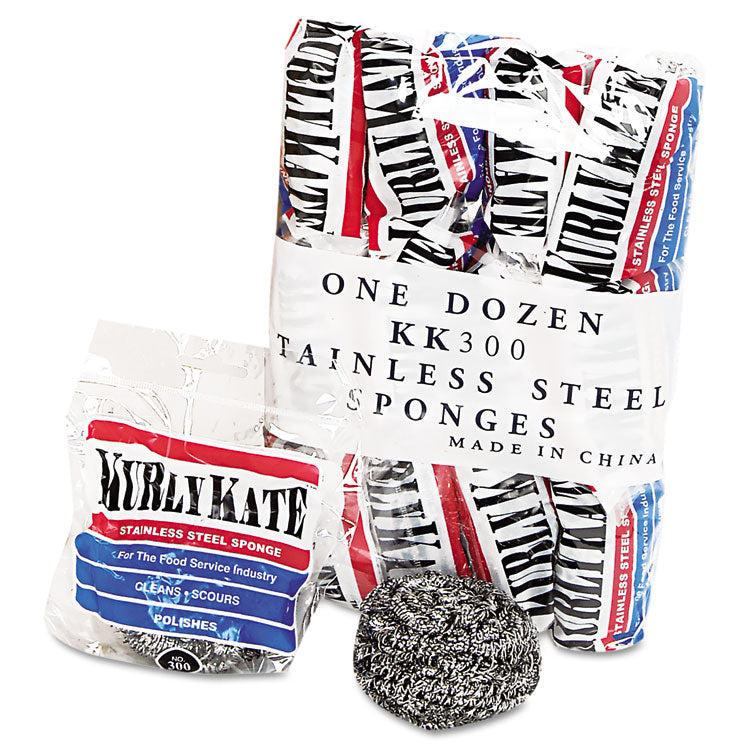 Kurly Kate - Stainless Steel Scrubbers, Medium, 3.5 x 3.5, Steel Gray, 12/Pack, 12 Packs/Carton