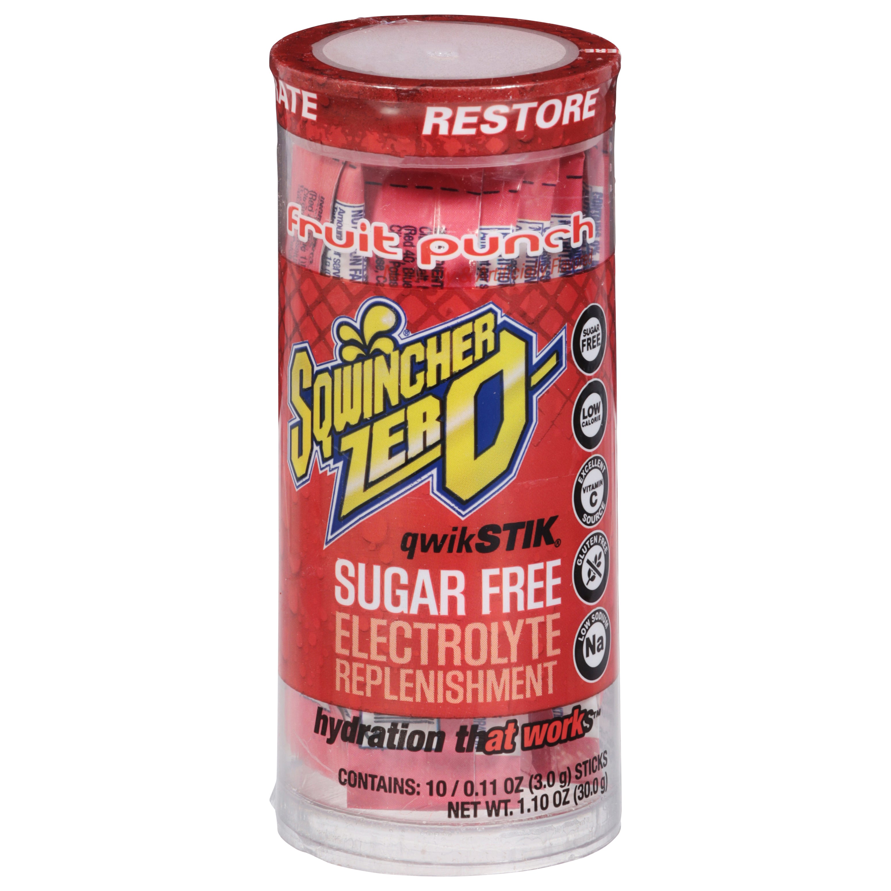 Sqwincher Zero QwikStik Sugar Free Restore Fruit Punch Electrolyte Replenishment 10 - 0.11 oz Sticks - Case of 12