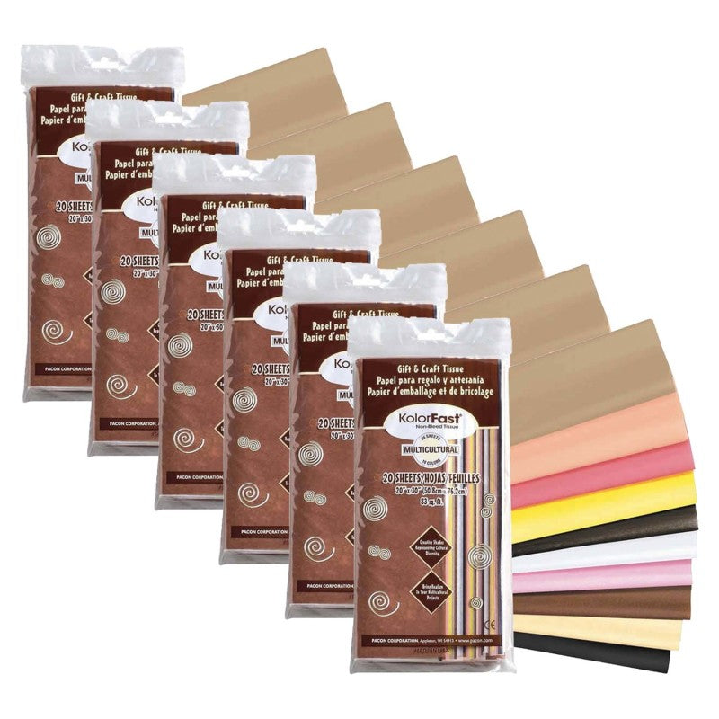 KOLORFAST - Multi-Cultural Tissue Assortment, 10 Assorted Colors, 20" x 30", 20 Sheets Per Pack, 6 Packs