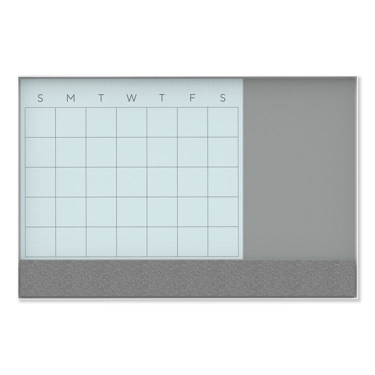 U Brands - 3N1 Magnetic Glass Dry Erase Combo Board, 23 x 17, Month View, Gray/White Surface, White Aluminum Frame