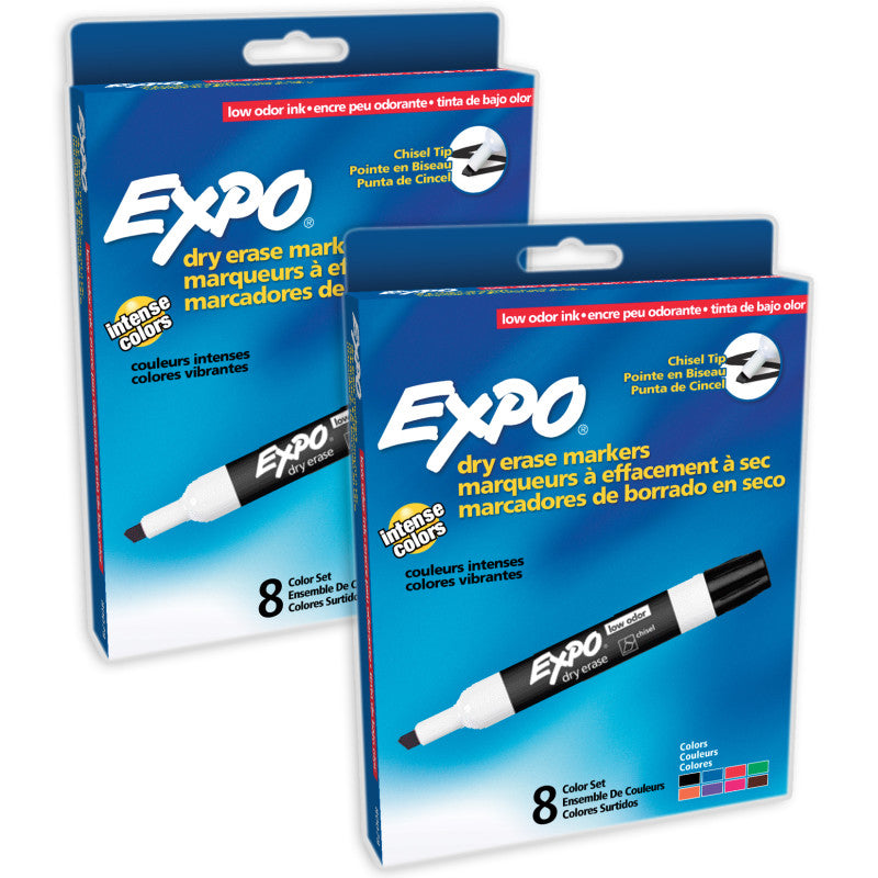 EXPO - Low-Odor Dry Erase Markers, Chisel Tip, 8 Colors, 8 Per Pack, 2 Packs