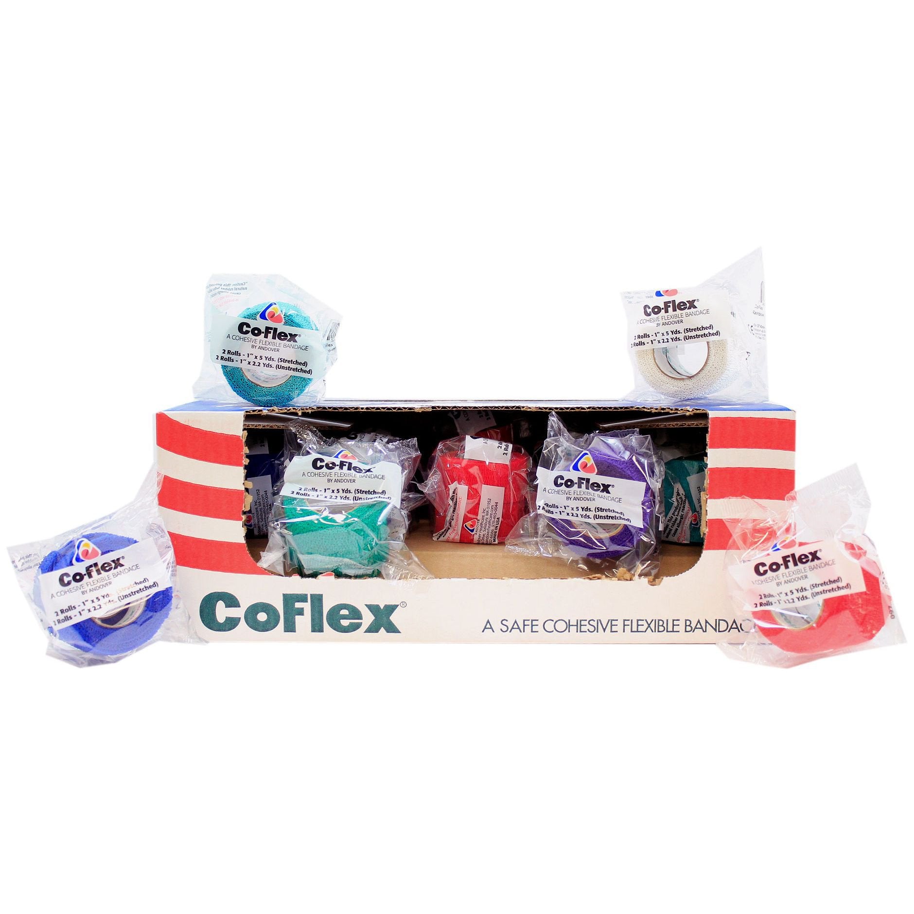 Andover Coated Products - Cohesive Bandage CoFlex® 1 Inch X 5 Yard Self-Adherent Closure Teal / Blue / White / Purple / Red / Green NonSterile 14 lbs. Tensile Strength [2/BX]