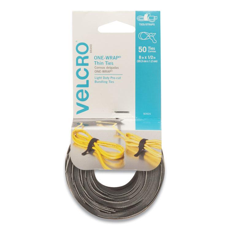 VELCRO Brand - ONE-WRAP Pre-Cut Thin Ties, 0.5" x 8", Black/Gray, 50/Pack