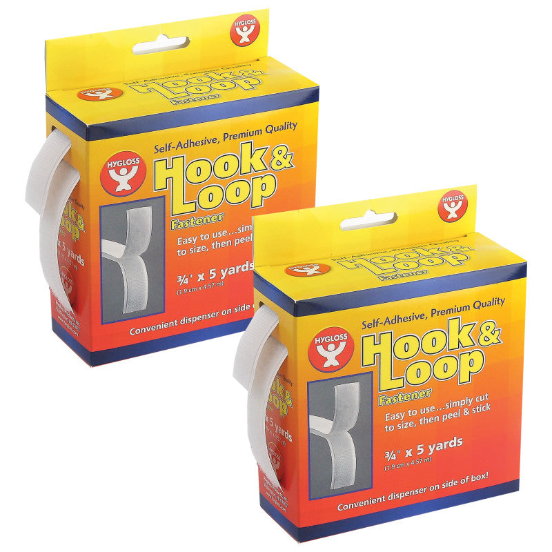 HYGLOSS - Self-Adhesive Hook & Loop Fastener Roll, 3/4" x 5 yds., Pack of 2