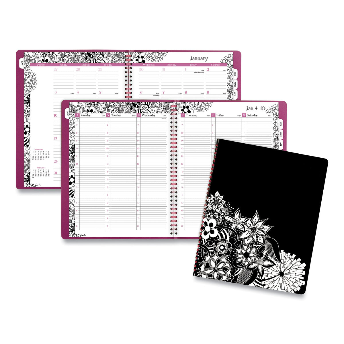 Floradoodle Weekly/Monthly Professional Planner, Floral Artwork, 11 x 8.5, Black/White Cover, 12-Month (Jan-Dec): 2026