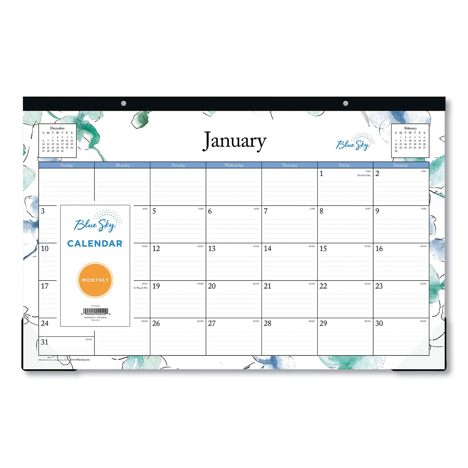 Lindley Desk Pad, Floral Artwork, 17 x 11, White/Blue/Green Sheets, Black Binding, Clear Corners, 12-Month (Jan to Dec): 2026