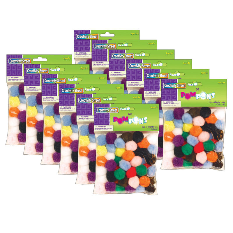 CREATIVITY STREET - Pom Pons, Bright Hues, 1", 50 Per Pack, 12 Packs