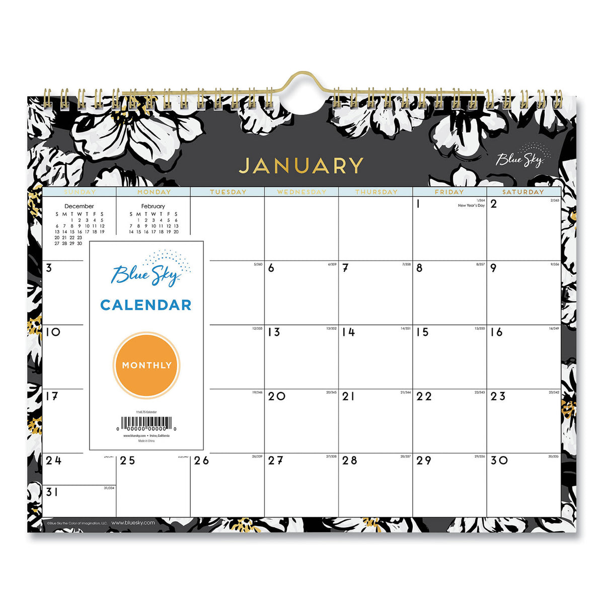 Baccara Dark Wall Calendar, Floral Artwork, 11 x 8.75, White/Black/Gold Sheets, 12-Month (Jan to Dec): 2026