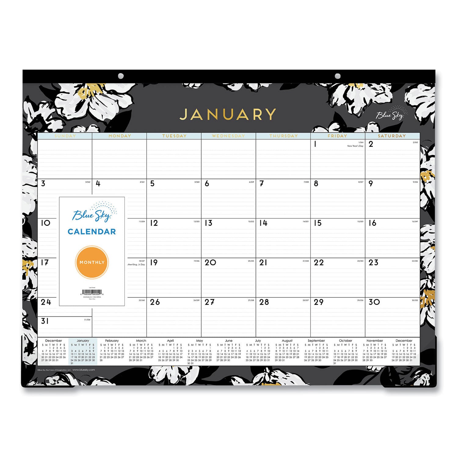 Baccara Dark Desk Pad, Floral Artwork, 22 x 17, White/Black/Gold Sheets, Black Binding, 12-Month (Jan to Dec): 2026