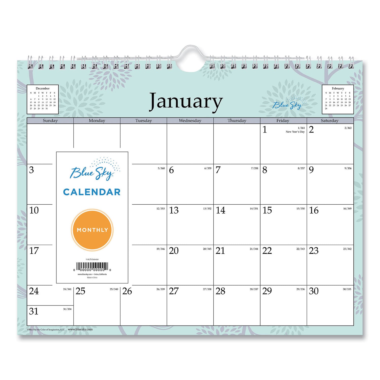 Rue Du Flore Wall Calendar, Floral Artwork, 11 x 8.75, White/Jade/Lavender Sheets, 12-Month (Jan to Dec): 2026