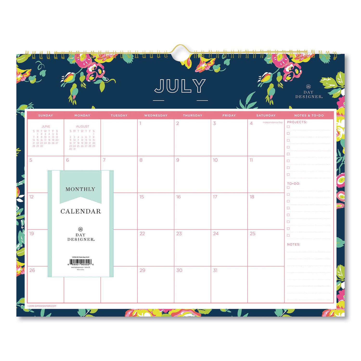 Day Designer Peyton Academic Wall Calendar, Floral Artwork, 15 x 12, White/Navy Sheets, 12-Month (July to June): 2025 to 2026