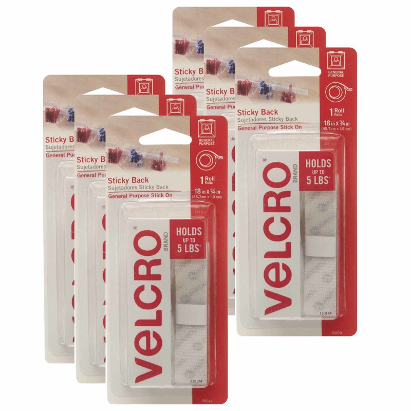 VELCRO - Sticky Back Tape, White, 18" x 3/4", 6 Rolls