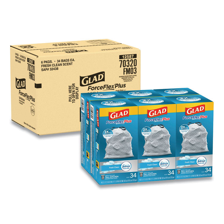 Glad - ForceFlexPlus OdorShield Tall Kitchen Drawstring Trash Bags, 13 gal, 0.9 mil, 24" x 28", White, 204/Carton