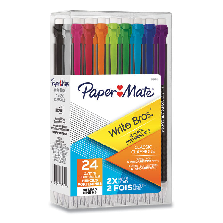 Paper Mate - Write Bros Mechanical Pencil, 0.7 mm, HB (#2), Black Lead, Black Barrel with Assorted Clip Colors, 24/Pack