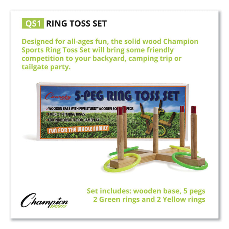 Champion Sports - Ring Toss Set, Plastic/Wood, Assorted Colors, 5 Pegs, 4 Rings