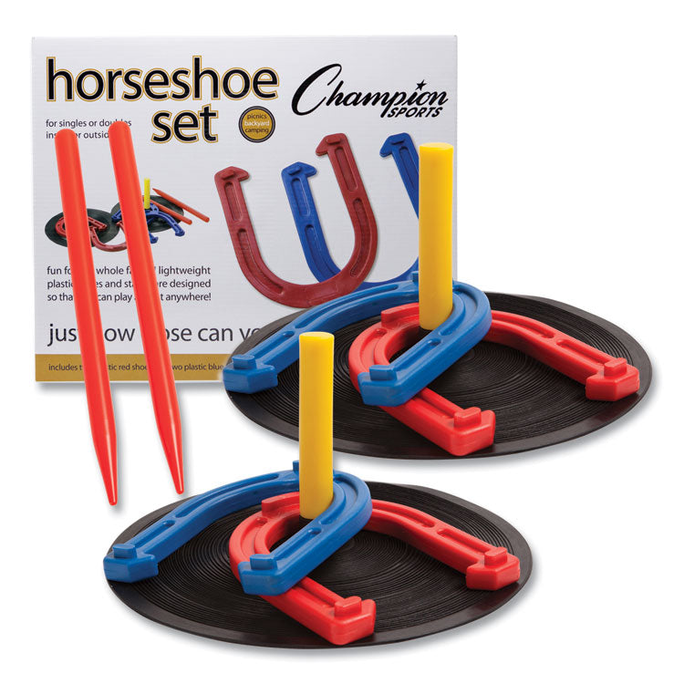 Champion Sports - Indoor/Outdoor Rubber Horseshoe Set, 4 Rubber Horseshoes, 2 Rubber Mats, 2 Plastic Dowels