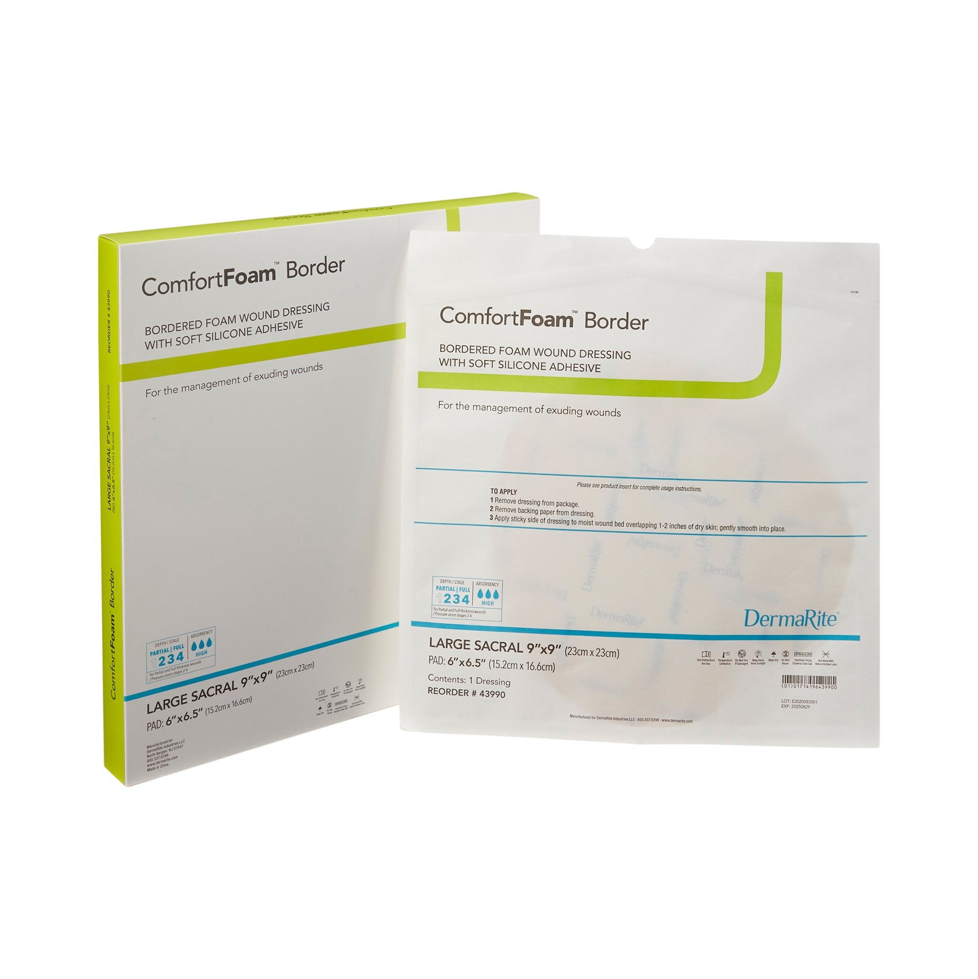 DermaRite Industries - Foam Dressing ComfortFoam™ Border 9 X 9 Inch With Border Waterproof Backing Silicone Adhesive Sacral Sterile [5/BX]