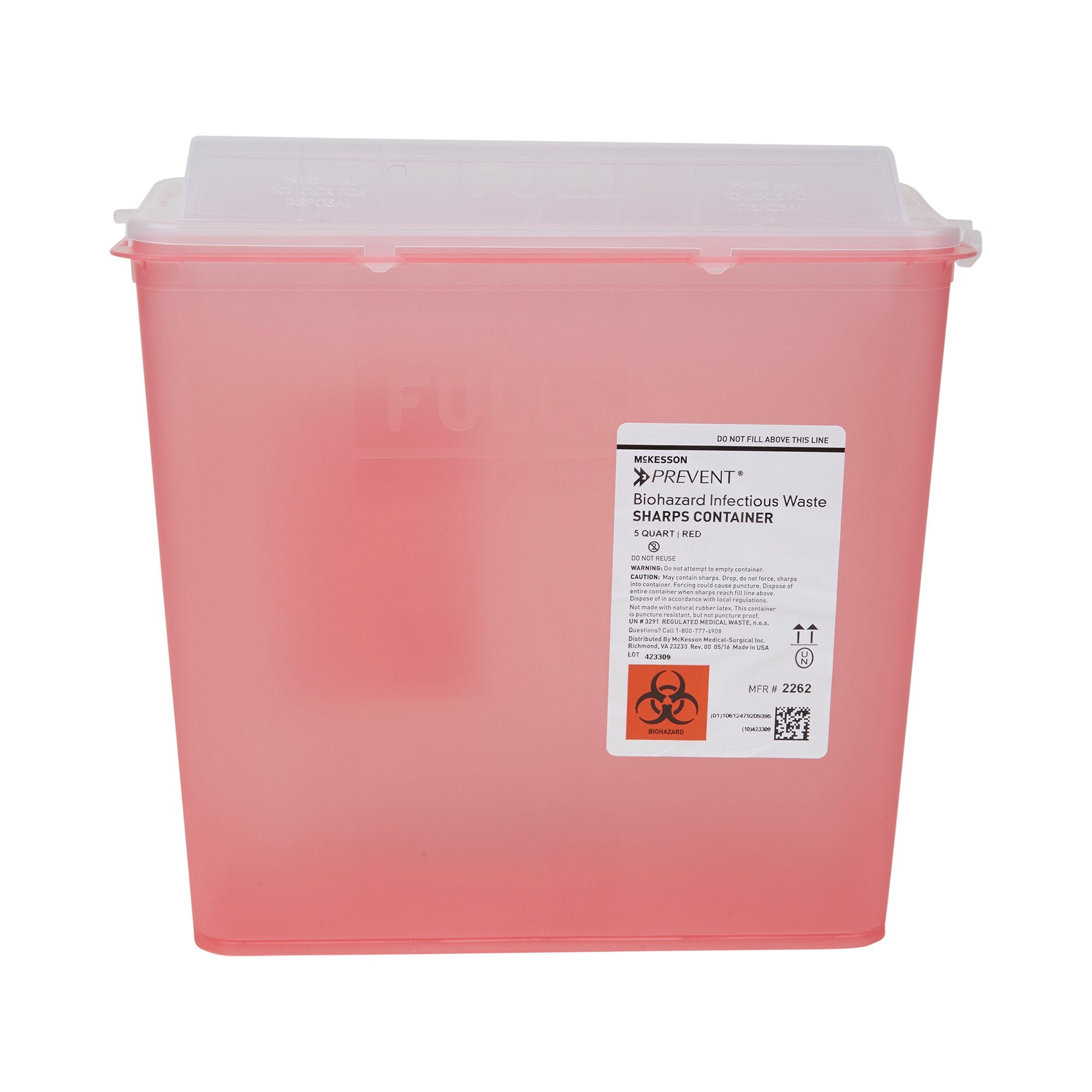 McKesson Brand - Sharps Container McKesson Prevent® Translucent Red Base 10-3/4 H X 10-1/2 W X 4-3/4 D Inch Horizontal Entry 1.25 Gallon [10/BX]